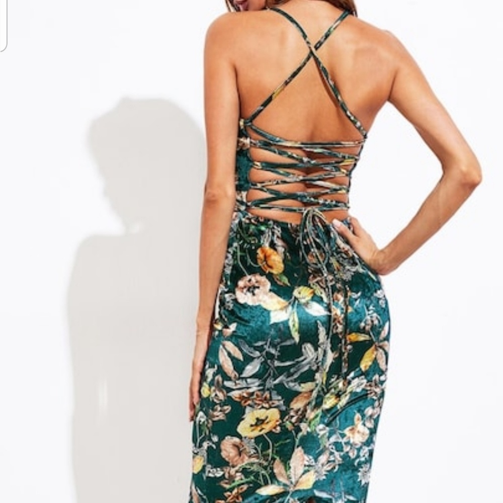 Lace Up Back Slit Floral Velvet Cami Dress. NEW
